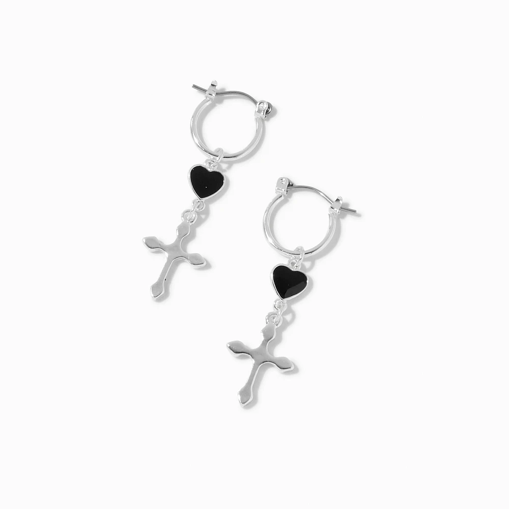 Black Heart Silver Cross 15MM Huggie Hoop Drop Earrings