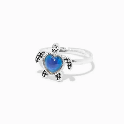 Silver-tone Mood Turtle Heart Ring