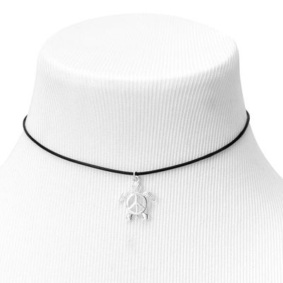 Silver Peace Turtle Charm Black Cord Choker Necklace
