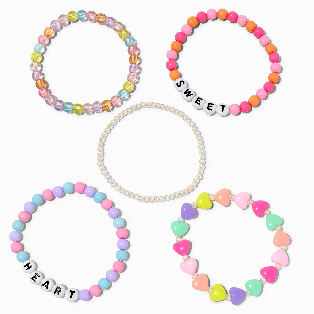 "Heart" & "Sweet" Candy Heart Beaded Stretch Bracelets - 5 Pack