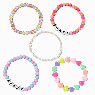 "Heart" & "Sweet" Candy Heart Beaded Stretch Bracelets - 5 Pack