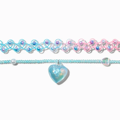 Iridescent Heart & Tattoo Choker Necklace Set - 2 Pack