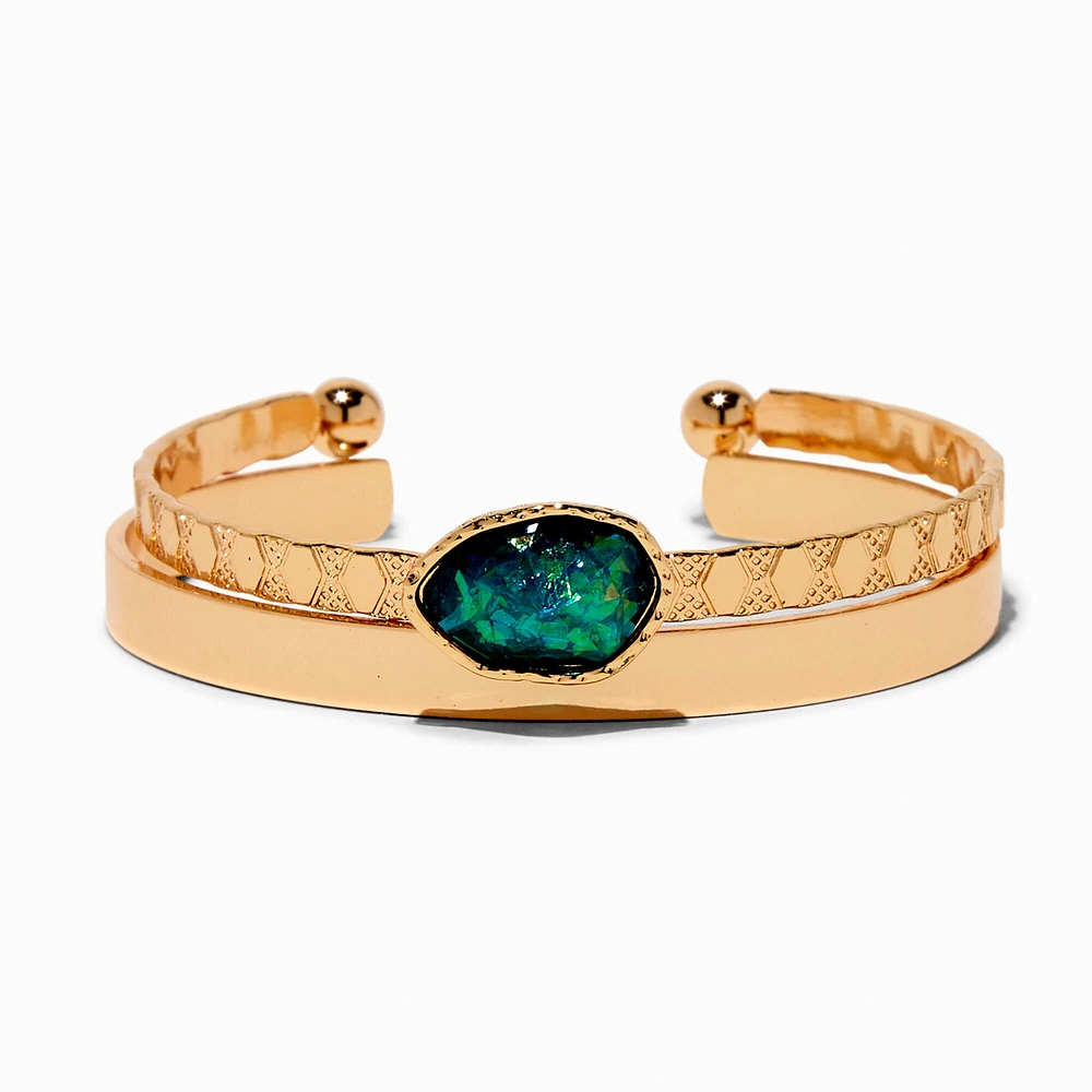 Green Stone Gold-tone Cuff Bracelets - 2 Pack
