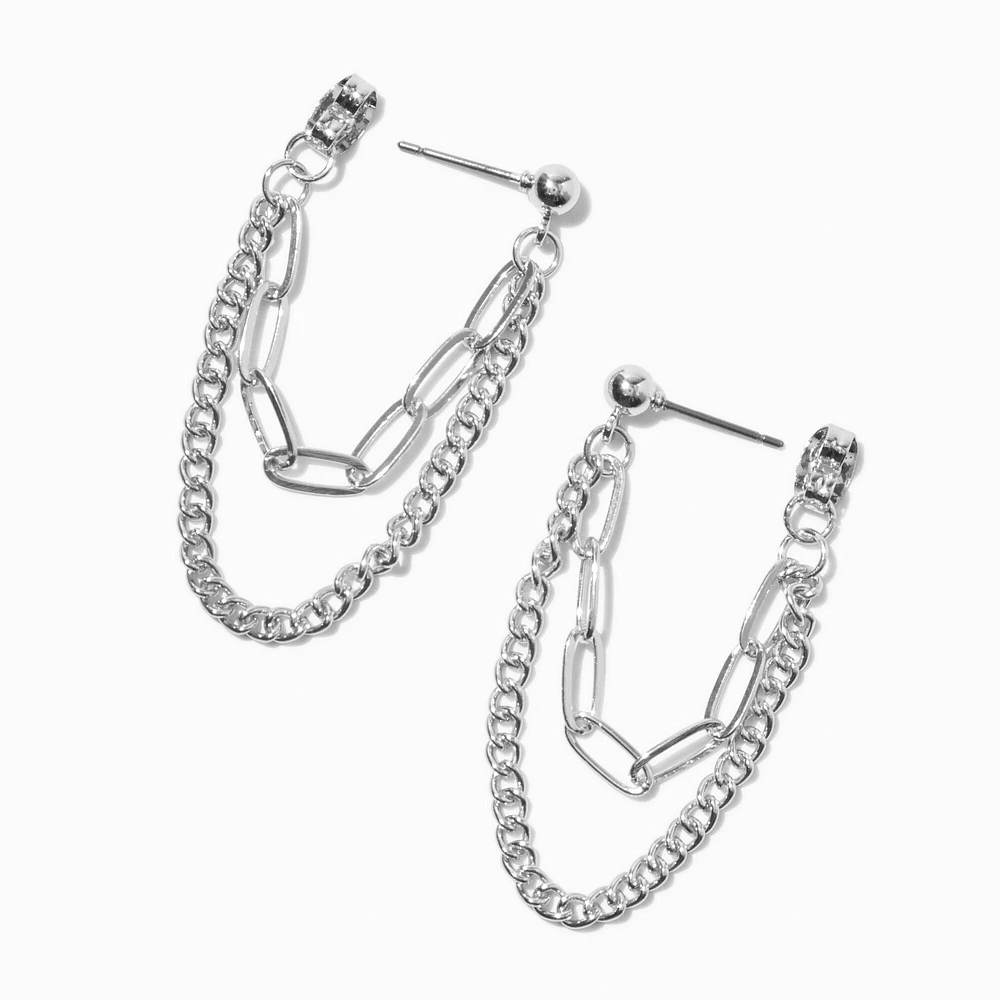 Silver-tone Two Chains Front & Back Drop Earrings