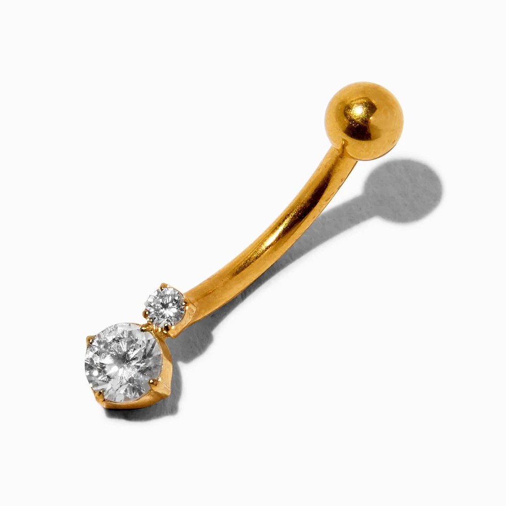 Gold-tone Titanium 14G Double Cubic Zirconia Belly Bar