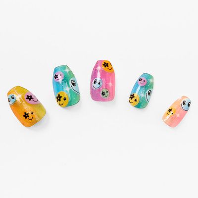 Glitter Rainbow Happy Face Jelly Coffin Vegan Faux Nail Set (24 pack)
