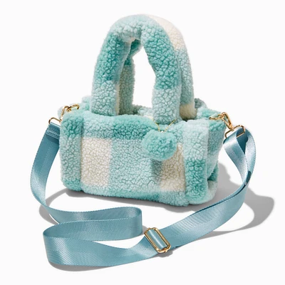 Blue Check Sherpa Crossbody Tote Bag