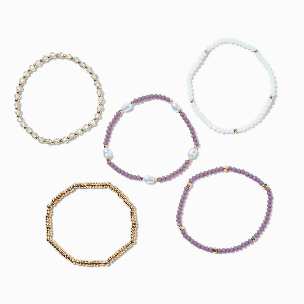 Mauve Gold-tone Beaded Stretch Bracelets - 5 Pack