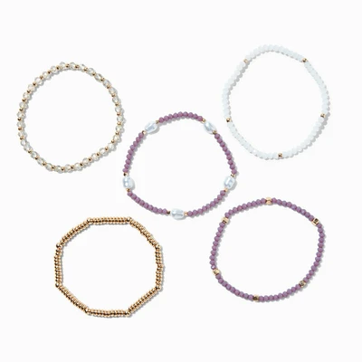 Mauve Gold-tone Beaded Stretch Bracelets - 5 Pack