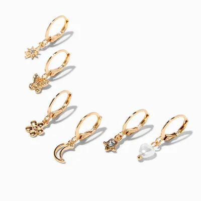 Gold Embellished Mixed One Huggie Hoop Earrings - 6 Pack