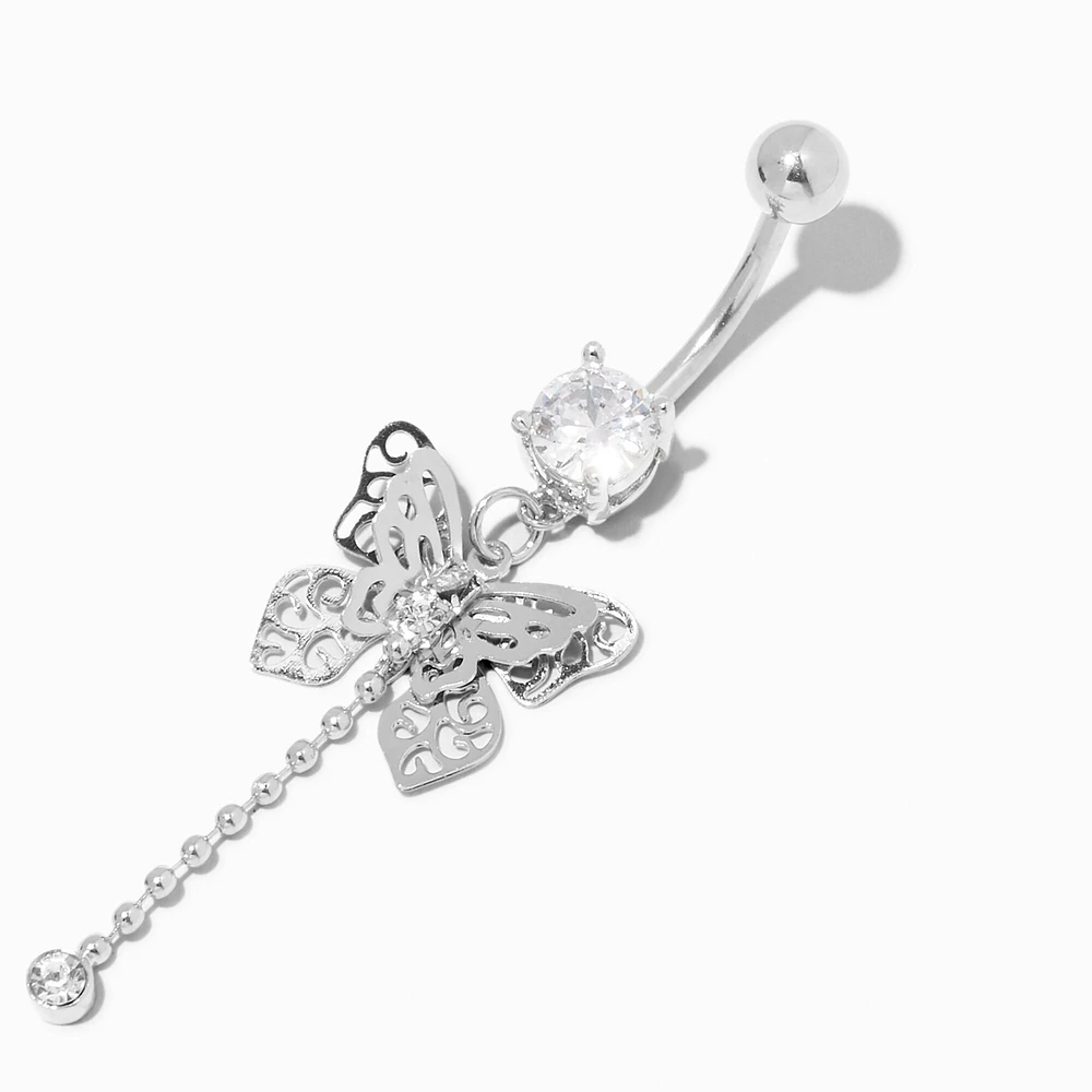 Silver-tone Stainless Steel Filigree Butterfly 14G Belly Bar