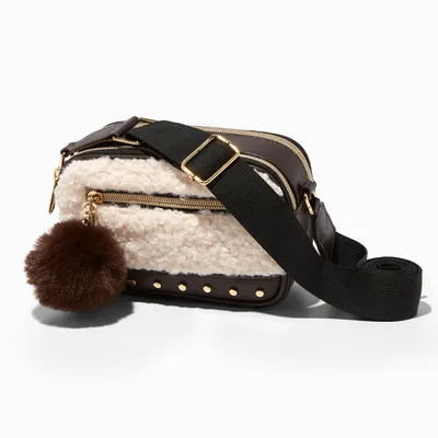 White Sherpa & Brown Camera Style Crossbody Bag
