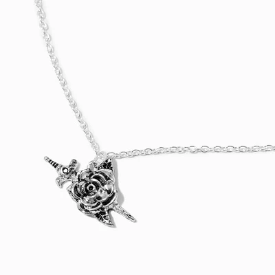 Silver-tone Rose & Dagger Pendant Necklace