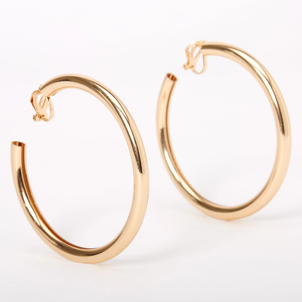 Gold 60MM Tube Clip On Hoop Earrings