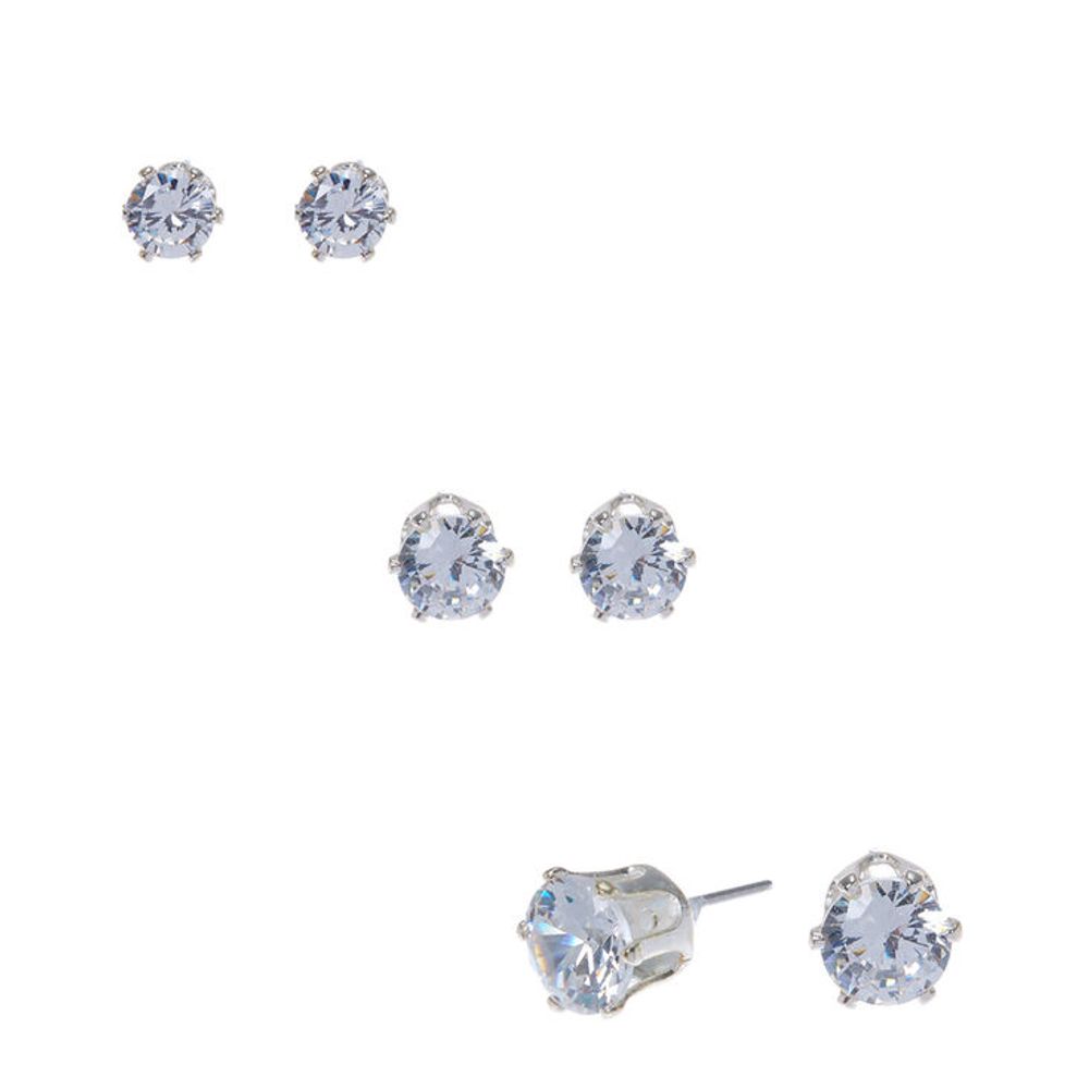 Silver Cubic Zirconia Round Stud Earrings - 5MM, 6MM, 7MM