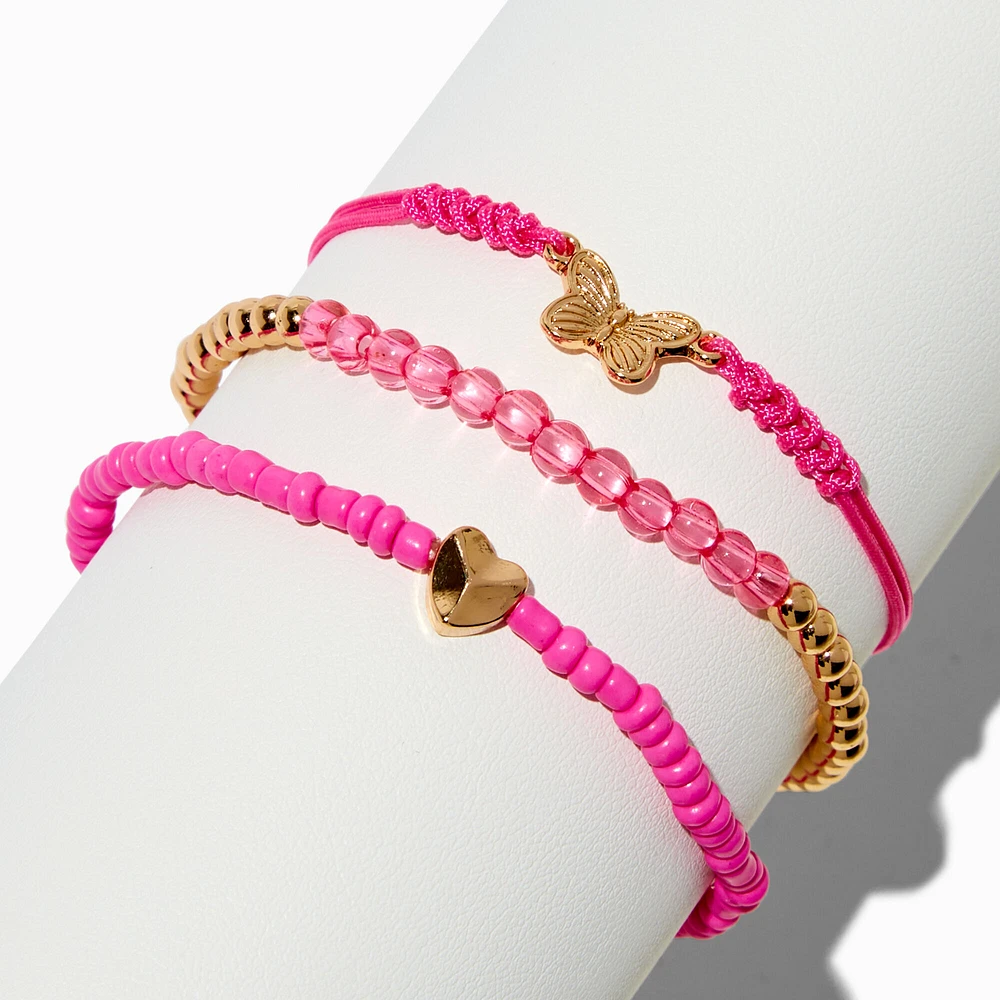 Butterfly & Heart Fuchsia Seed Bead Bracelet Set - 3 Pack