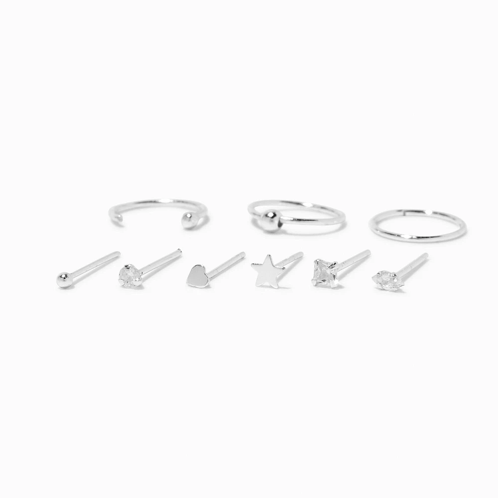 22G Sterling Silver Dainty Crystal Nose Studs & Hoop - 9 Pack