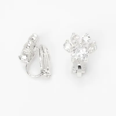 Silver 10MM Cubic Zirconia Paw Print Clip-On Earrings