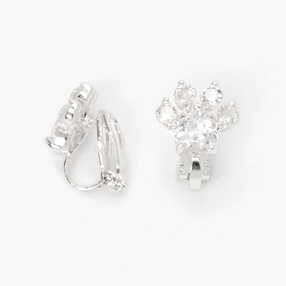 Silver-tone Cubic Zirconia 10mm Paw Print Clip-On Earrings