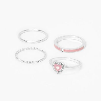 Silver Pink Heart Woven Rings - 4 Pack