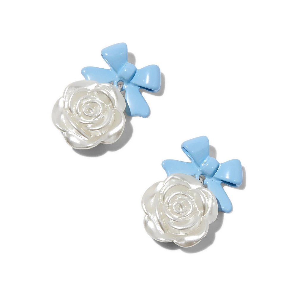 Blue Bow White Carved Rose Drop Earrings