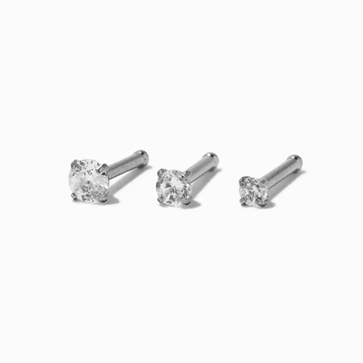 18G Silver-tone Stainless Steel Graduated Cubic Zirconia Nose Studs - 3 Pack