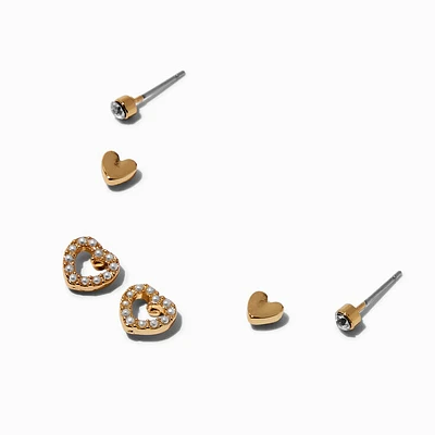 Gold-tone Stacked Pearl Heart Stud Earrings - 3 Pack