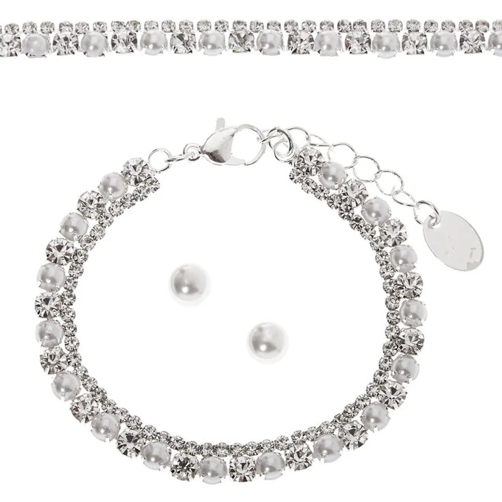Silver Pearl & Rhinestone Jewelry Set - 3 Pack