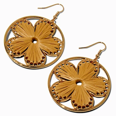 Gold-tone Raffia Flower Disc 3" Drop Earrings