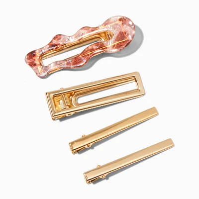 Gold-tone Metallic Wave Rectangular Hair Clips - 4 Pack