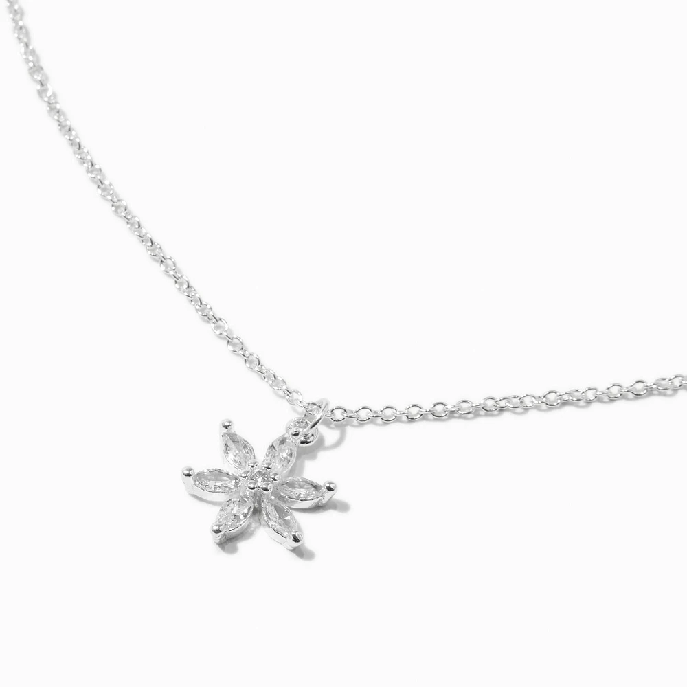 Silver-tone Cubic Zirconia Flower Pendant Necklace