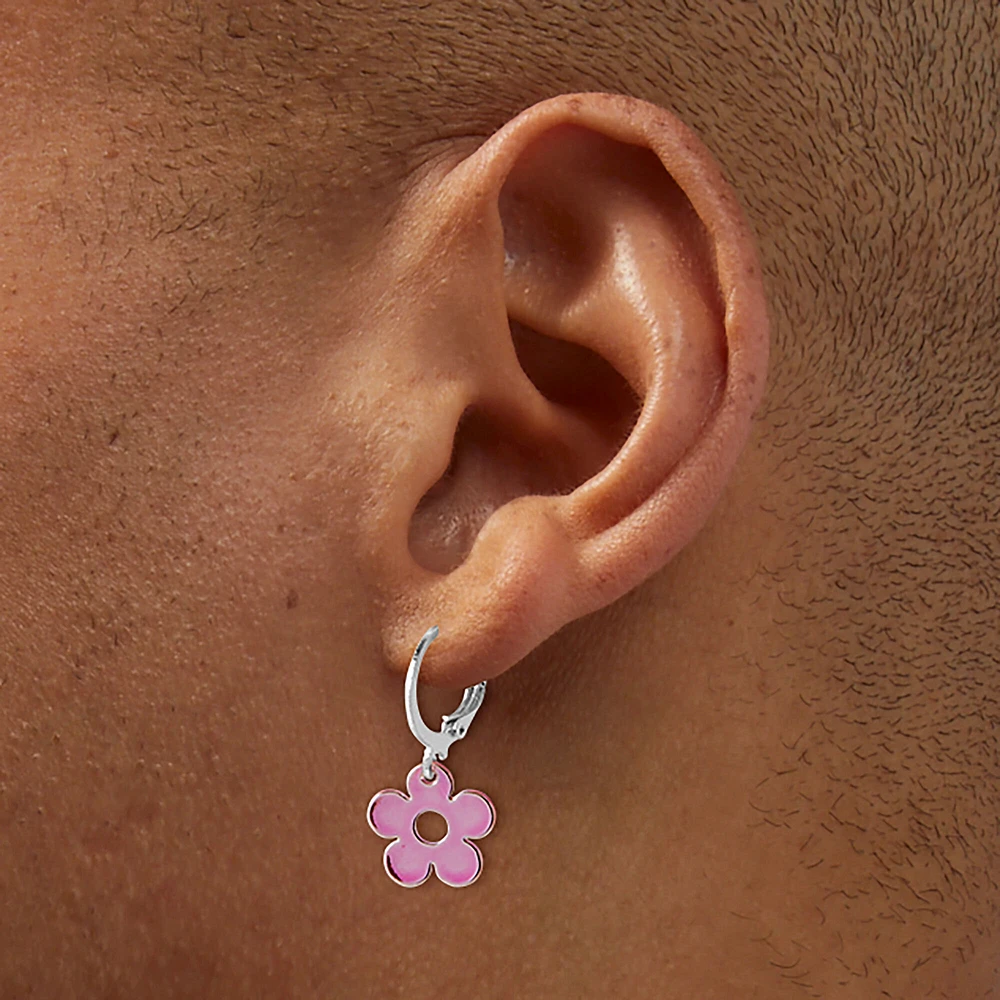 Pink Anodized Daisy Huggy Hoop Earrings