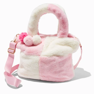 Pink & White Colorblock Furry Crossbody Tote Bag