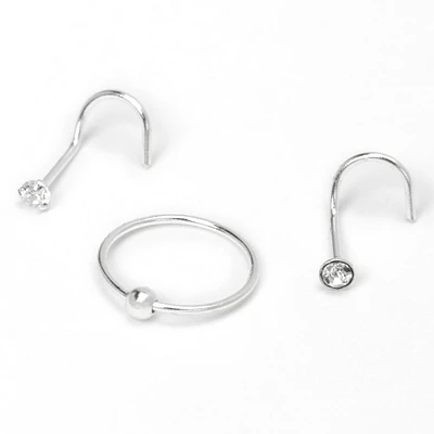 Sterling Silver 22G Ball & Crystal Nose Rings - 3 Pack