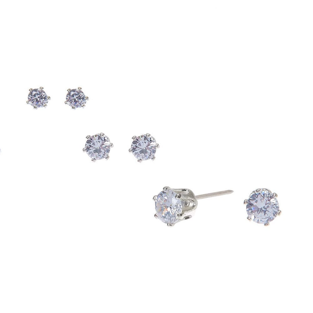 Silver-tone Cubic Zirconia 3MM, 4MM, 5MM Round Stud Earrings - 3 Pack