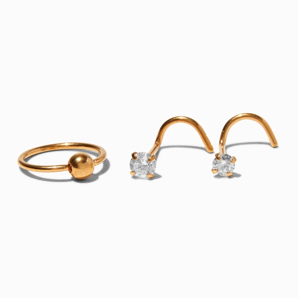 20G Gold-tone Titanium Crystal Nose Stud & Hoops - 3 Pack