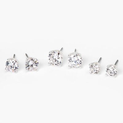 Silver Cubic Zirconia Round Stud Earrings - 6MM, 7MM, 8MM