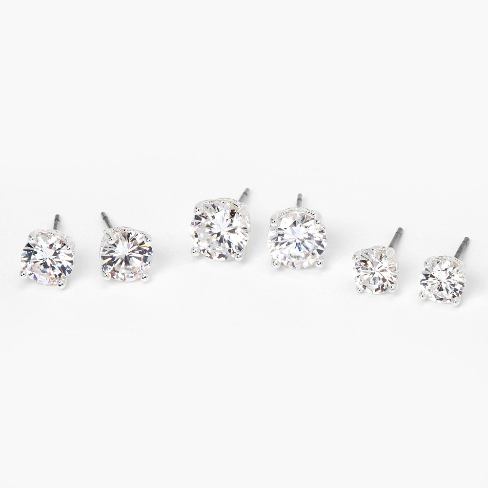 Silver-tone Cubic Zirconia 6MM, 7MM, 8MM Round Stud Earrings - 3 Pack