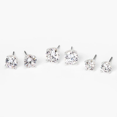 Silver-tone Cubic Zirconia 6MM, 7MM, 8MM Round Stud Earrings - 3 Pack