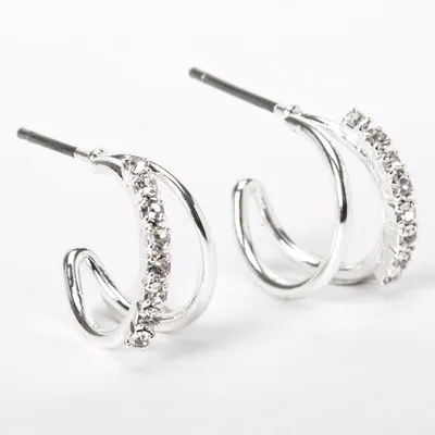 Silver 10MM Embellished Double Hoop Earrings