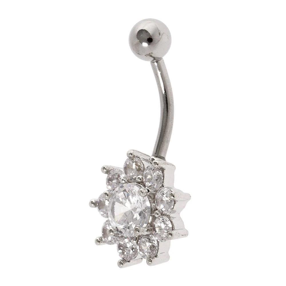 Silver 14G Flower Stone Belly Ring