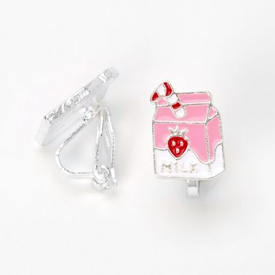 Silver Strawberry Milk Pink Clip On Stud Earrings