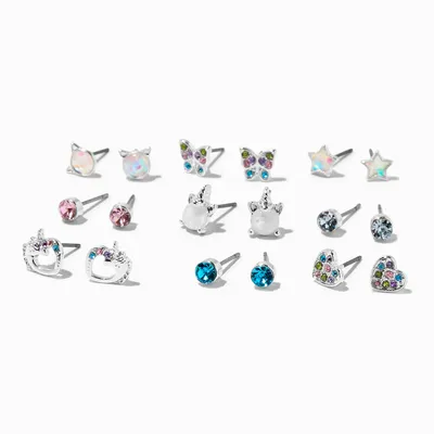 Silver Crystal Unicorns Stud Earrings - 9 Pack