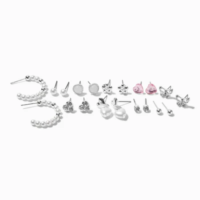 Silver-tone Pearl Earring Stackables Set - 10 Pack