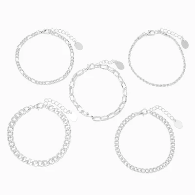 Silver Woven Chain Bracelet Set - 5 Pack