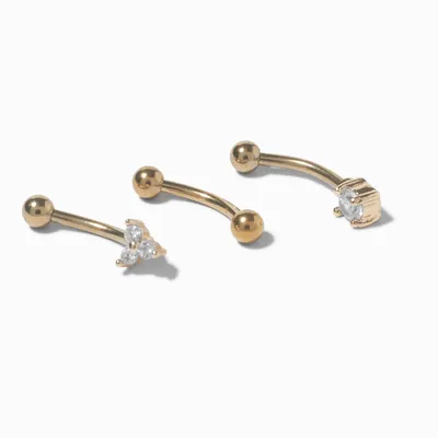 Gold-tone Stainless Steel Cubic Zirconia 16G Tri-Stud Rook Earrings - 3 Pack
