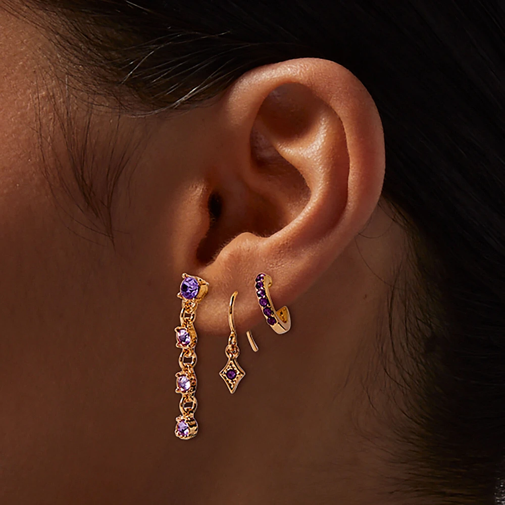 Gold-tone Purple Crystal Earring Stackables Set - 3 Pack