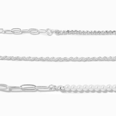 Silver Pearl Woven Chain Bracelets - 3 Pack
