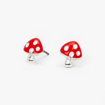 Silver & Red Mushroom Stud Earrings