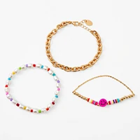 Gold Beaded Happy Face Bracelet Set - 3 Pack